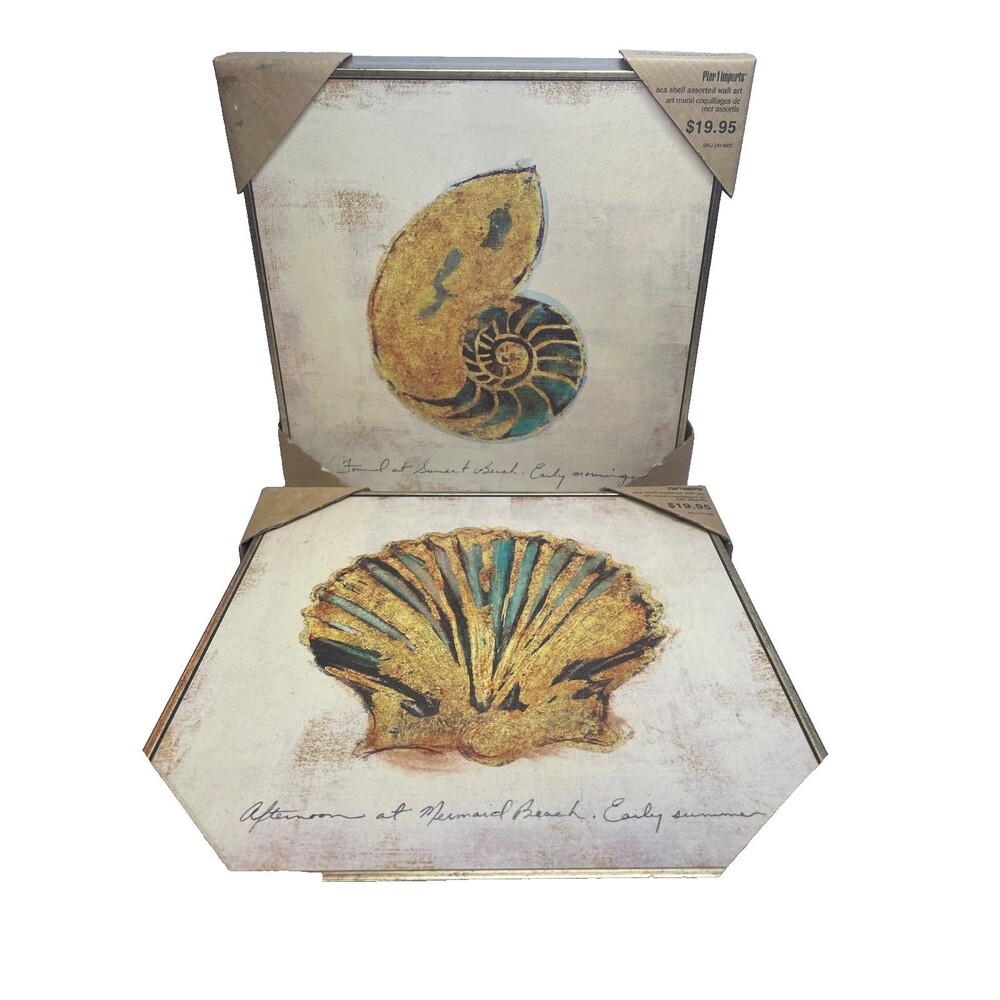 Set of 2 pier 1 Coastal Seashell Ephemera Canvas Wall Art  Nautical Beach Decor